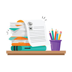 Illustration of a stack of papers with bookmarks on books, and a pencil holder with colored pencils on a shelf.