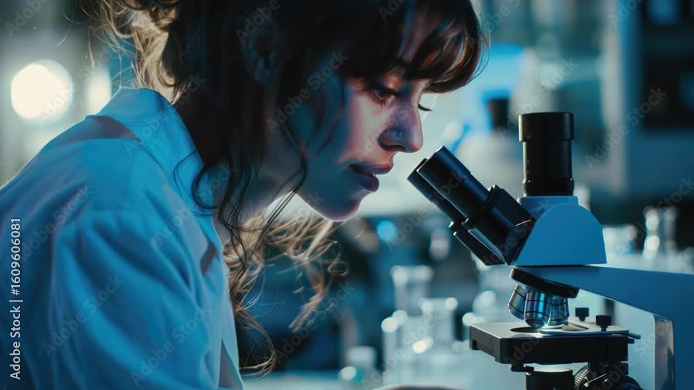 Poster a scientist examines a sample under a microscope in a laboratory setting