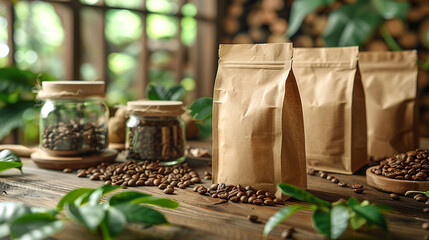 Coffee-themed tabletop mockup with a kraft paper pouch, scattered coffee beans, and two glass milk jars arranged on a wooden table in soft daylight