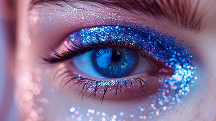 Close-up of a woman's eye with bold blue glitter eyeshadow, sharp eyelash detail and soft pink background with elegant bokeh highlights