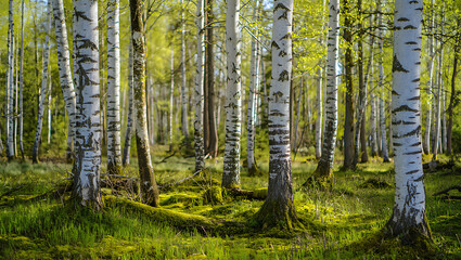 Obraz premium A birch forest with green grass and moss covering the ground on a bright sunny day in the spring time