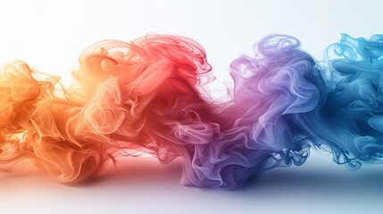 Colorful smoke plume in swirling magenta, cyan, and yellow tones captured on a bright white background with soft detail and smooth gradients