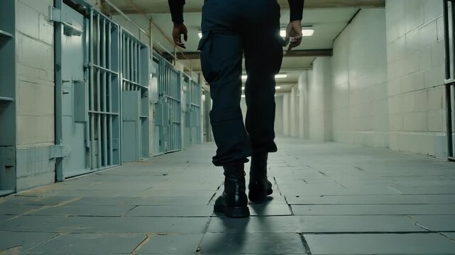 Boots of guard can be heard striking the floor tiles as he patrol the long prison corridor lined with metal doors. His movements emphasize the high-security environment