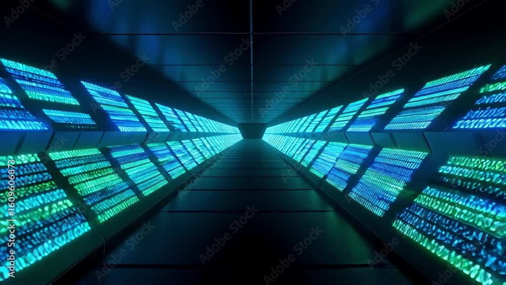 Poster futuristic digital corridor with illuminated screens displaying data in blue and green hues, creatin