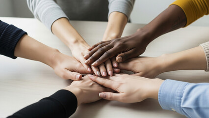 Real human hands coming together over wood table symbolizing teamwork, unity, support and collaboration in diverse professional setting