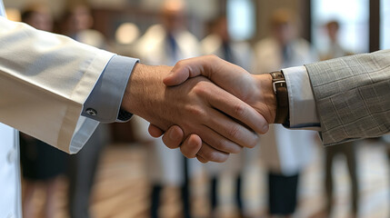 Senior medical professional congratulating a new team member in a clinical setting with a firm handshake, both wearing white coats in a bright hospital interior.