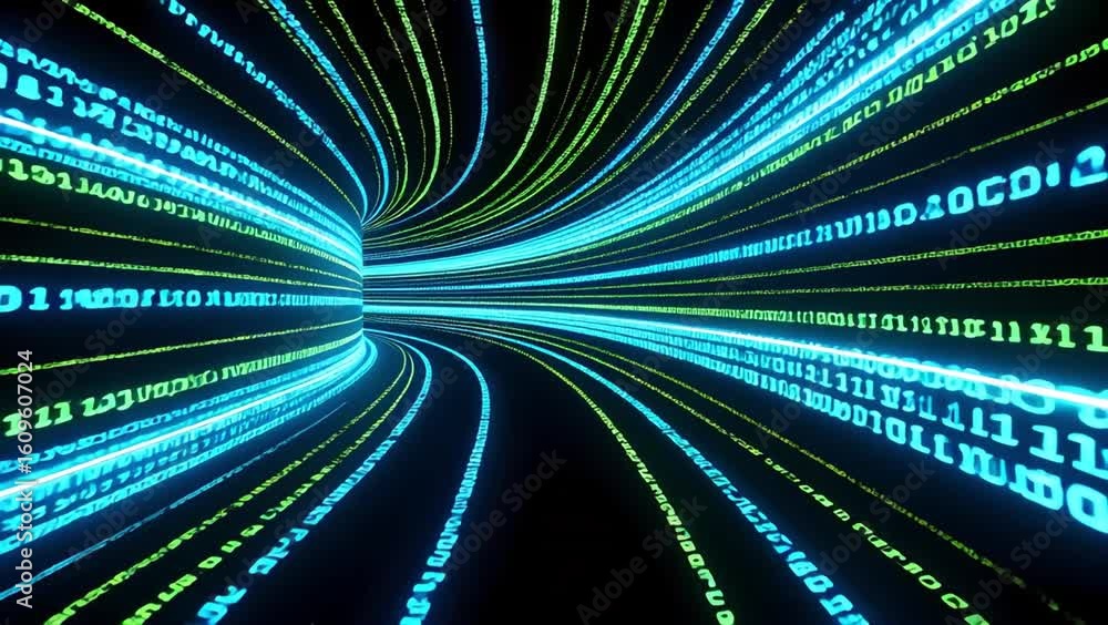 Poster futuristic digital tunnel showcasing high tech data transfer and computer code cyberspace with vibra