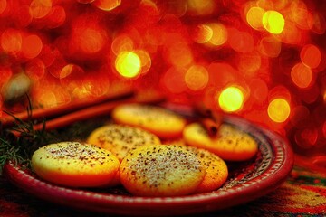 Warm Yellow Treats on Red Plate, Bokeh Background, Cozy, Artistic, Sweet, Grainy Texture, Christmas vibe
