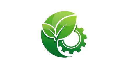 Green leaves and gear symbol represent ecology technology or sustainable industry.