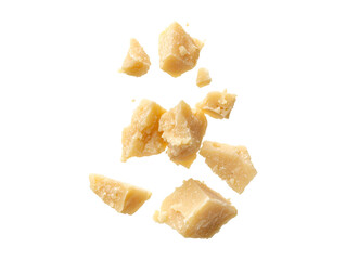 Flying falling parmesan cheese pieces isolated on transparent or white background, png