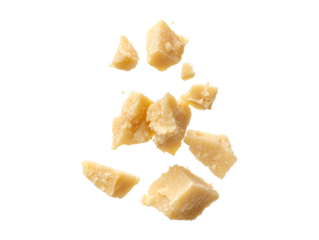 Flying falling parmesan cheese pieces isolated on transparent or white background, png