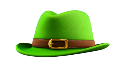 Bright green hat with a brown buckle on transparent background