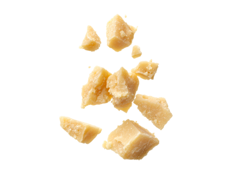 Flying falling parmesan cheese pieces isolated on transparent or white background, png