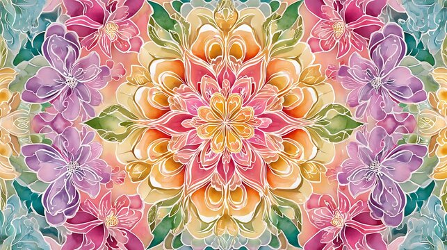 Serene Watercolor Floral Mandala: Intricate Pastel Design, Soft Hues