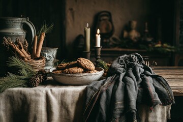 Cookies, Candles, and Pine, Warm Tones, Rustic Tablecloth, Grey Scarf, Dark Backdrop, Cozy, Table setting