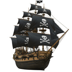 A majestic pirate ship with black sails adorned with skull and crossbones, sailing, isolated on white or transparent background. PNG