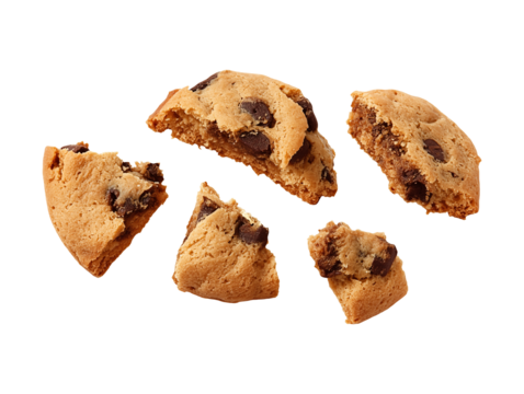 Flying falling chocolate chip cookie pieces isolated on transparent or white background, png