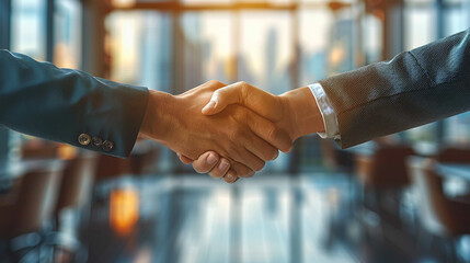 Two business professionals shaking hands in a modern office with panoramic city views, clean formal attire and natural hand placement representing a successful partnership