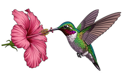 Hummingbird Feeding on a Pink Hibiscus Flower Illustration