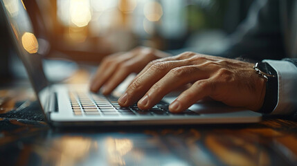 Close-up of male hands in business suit typing on laptop keyboard on a professional desk, natural posture with accurate hand alignment and soft ambient daylight