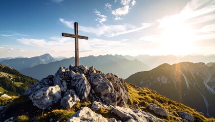 Wooden cross atop a mountain peak at sunset