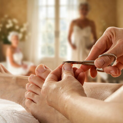 Pedicure and manicure for mature woman at home. Close-up of hands trimming and filing the nails,...