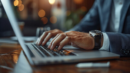Close-up of male hands in business suit typing on laptop keyboard on a professional desk, natural posture with accurate hand alignment and soft ambient daylight
