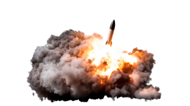 Rocket launching amidst fiery smoke and clouds in clear detail