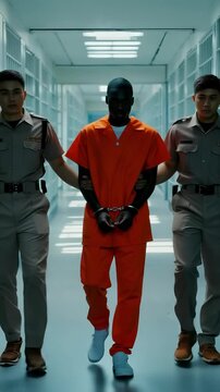 A young African-American male in an orange jumpsuit is handcuffed and walking between two guards in a prison corridor characterized by cold concrete walls and steel bars
