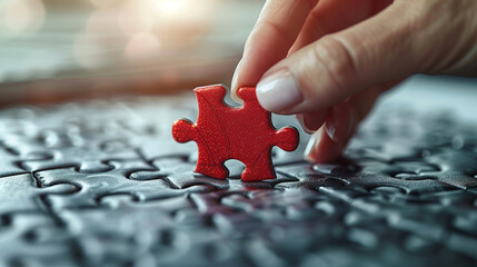 Close-up of a businesswoman completing a jigsaw puzzle with the final red piece shaped like a human figure, symbolizing leadership and team building on a clean white table