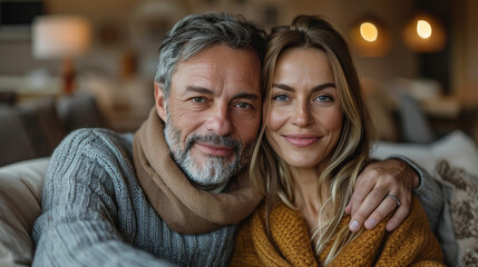 Diverse middle-aged couple sitting closely on a comfortable couch in a modern living room, holding hands and smiling warmly, with space for messaging in neutral background