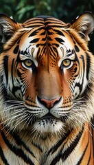 Tiger lies on the grass against the backdrop of a waterfall