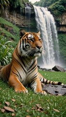 Tiger lies on the grass against the backdrop of a waterfall