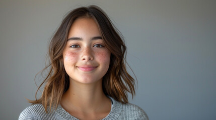 Confident Hispanic teenage girl with natural expression and subtle makeup, centered against a clean grey backdrop with soft lighting and space for messaging