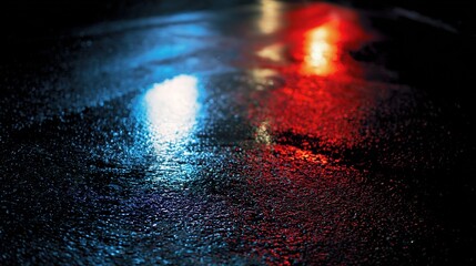 Dramatic blue and red light reflections on wet pavement in an atmospheric urban night scene.