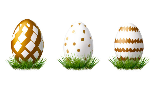 Decorative Easter eggs with golden and white designs on grass - Powered by Adobe