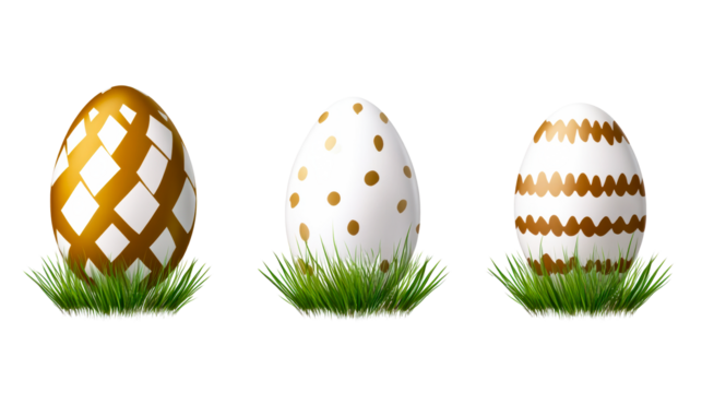 Decorative Easter eggs with golden and white designs on grass - Powered by Adobe