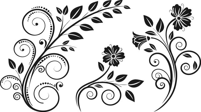 Ornamental design elements - a collection of ornate black and white floral vector elements. Each design should feature intricate swirls, curls, and botanical motifs such as leaves, vines, petals, and  - Powered by Adobe
