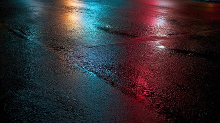 Dramatic blue and red light reflections on wet pavement in an atmospheric urban night scene.