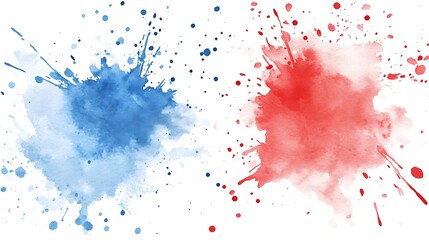 Abstract watercolor splash: vibrant red and blue paint splatters on white.