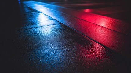 Dramatic blue and red light reflections on wet pavement in an atmospheric urban night scene.
