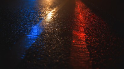 Dramatic blue and red light reflections on wet pavement in an atmospheric urban night scene.
