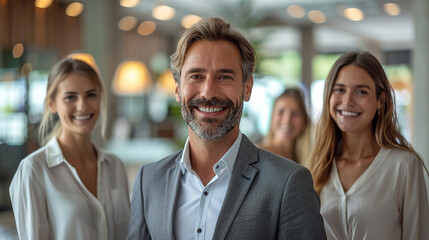 Welcome meeting for new hire in modern office lobby, friendly team smiling around new employee.