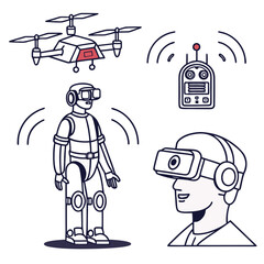 Futuristic technology icon set featuring drone and virtual reality headset designs
