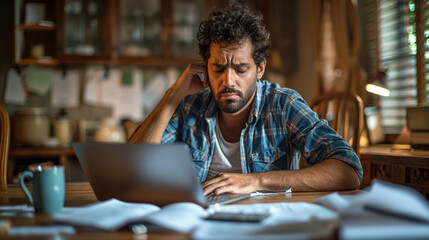 Hispanic man in early 30s at home table with calculator and documents, visibly stressed.
