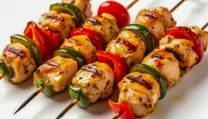 Grilled chicken skewers, red and green peppers and onions, laid out on a white surface. The dish is fresh, delicious and ready to serve