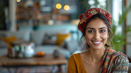 Happy Indian couple seated at home table with smiling female insurance agent.