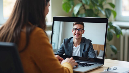 Young woman has job candidate on a video call. Job candidate is a professional man who is interviewed by a female recruiter on a screen. Job candidate concept for HR department.