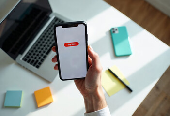 Buy now button on phone screen, placed against laptop and desk accessories. Buy now button for quick, easy transactions, visible with smartphone in hand and laptop nearby on a white desk.