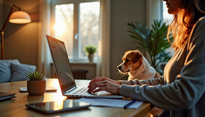 Fototapeta na wymiar Work from home shows a woman at her laptop with her Jack Russell Terrier dog nearby. Work from home lifestyle includes modern technology and the companionship of a domestic animal.